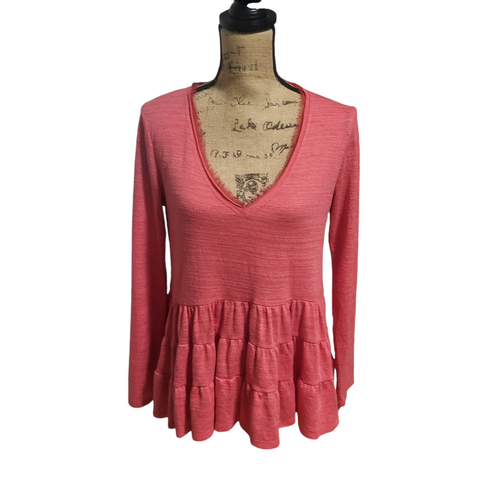 Deletta hot pink peplum top with v neck and long sleeves, size small